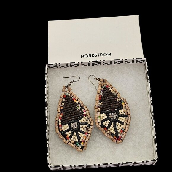 Wood Beaded Dangle Earings Leather Back Handmade Brown Multicolor Silver Tone - Picture 5 of 7